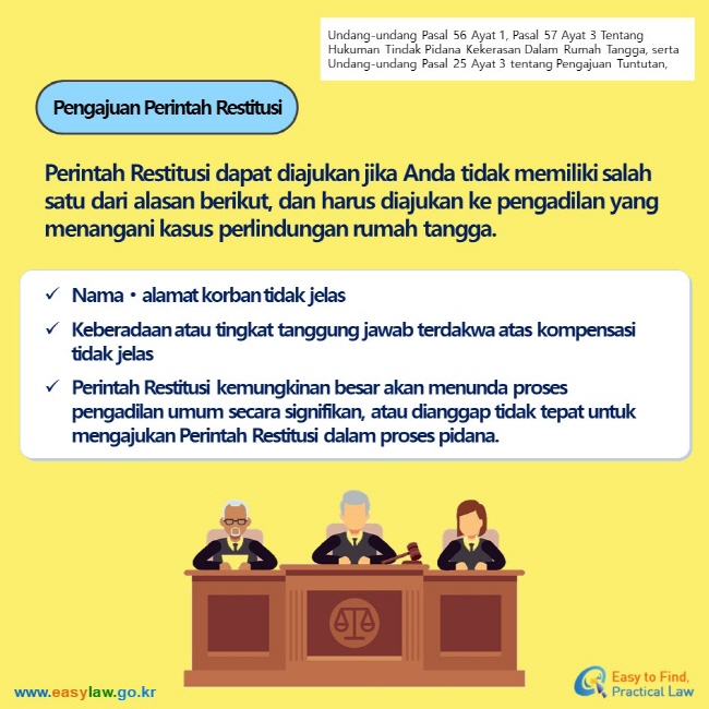 Undang-undang Pasal 56 Ayat 1, Pasal 57 Ayat 3 Tentang Hukuman Tindak Pidana Kekerasan Dalam Rumah Tangga, serta Undang-undang Pasal 25 Ayat 3 tentang Pengajuan Tuntutan, Pengajuan Perintah Restitusi Perintah Restitusi dapat diajukan jika Anda tidak memiliki salah satu dari alasan berikut, dan harus diajukan ke pengadilan yang menangani kasus perlindungan rumah tangga. Namaㆍalamat korban tidak jelas Keberadaan atau tingkat tanggung jawab terdakwa atas kompensasi tidak jelas Perintah Restitusi kemungkinan besar akan menunda proses pengadilan umum secara signifikan, atau dianggap tidak tepat untuk mengajukan Perintah Restitusi dalam proses pidana.